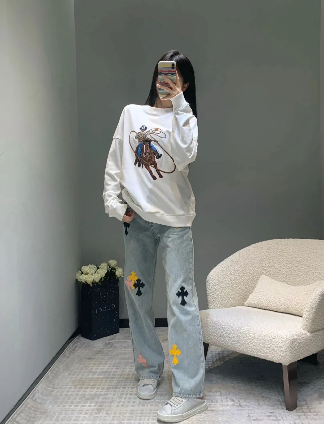 Louis Vuitton/Louis Vuitton 24Fw Western denim heavy embroidered round neck sweatshirt
